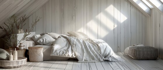 A bedroom with a white bed and a white blanket