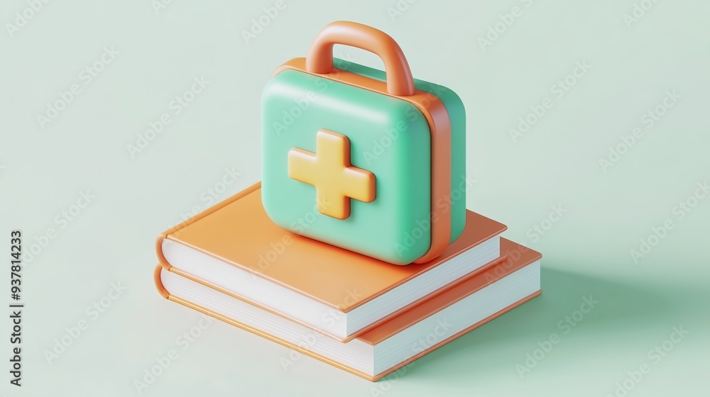 Wall mural 3D icon of a first aid kit on top of books, in a cute cartoon style   