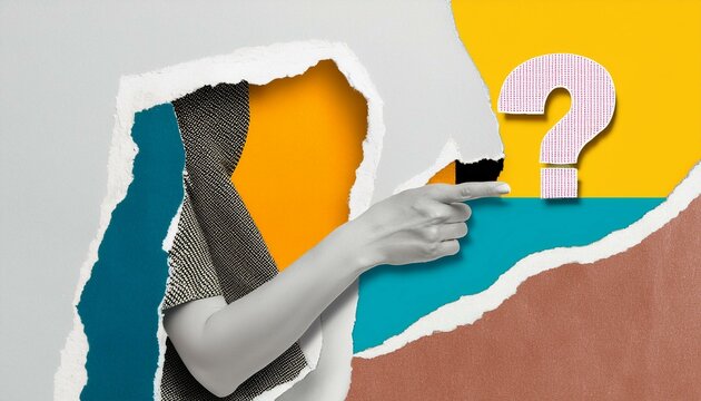 Modern collage with pointing hand and question mark. Paper cutout. Torn paper. Halftone part of body. Question mark cut out from notebook. FAQ sign. Question answer sign. Problem and solution concept
