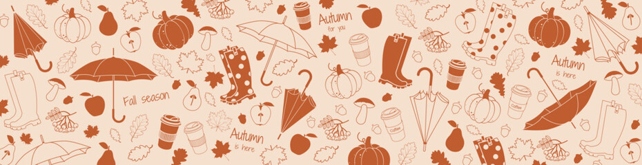 Autumn background with umbrella, rubber boots, pumpkin, apple, leaves and other fall elements. Banner design template for shopping sale, promo poster, web and social media. Vector illustration