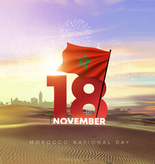 Morocco National Day. Morocco flags against the sunset and desert. 3D rendering illustration