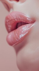 Fototapeta premium A woman's lips are painted with a bright pink lip gloss