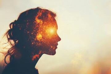 A silhouette of a woman’s face illuminated with fiery energy symbolizing the burning passion creativity and the intense drive that fuels innovative thinking and personal transformation