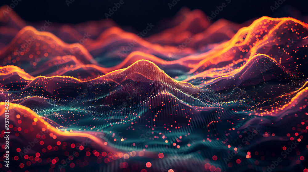 Poster abstract digital background featuring dynamic waves and dots representing data flow and technology
