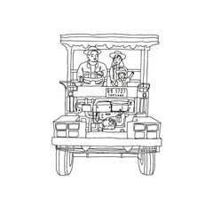 Farm truck in Thailand, Farmer family riding a farm truck. Drawing style vector illustration.