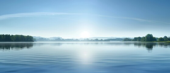 Fototapeta premium A calm lake with a bright sun reflecting on the water