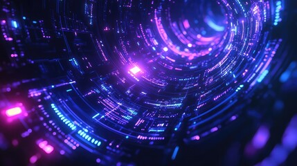 Fototapeta premium Cyber pulse effect with glowing, rhythmic pulses and circuit patterns in shades of blue and purple.