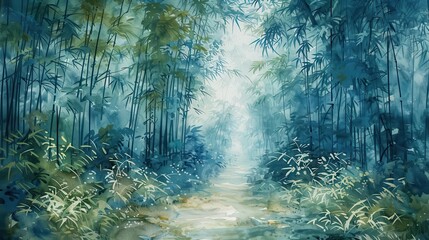 Obraz premium Serene bamboo forest path, Fantasy, Soft, Watercolor, Emphasizing tranquility and natural beauty