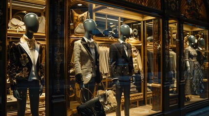 Fototapeta premium Luxury shop window with mannequins wearing elegant clothes,
