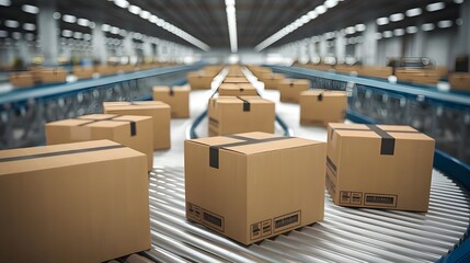 Multiple cardboard box packages seamlessly moving along a conveyor belt in a warehouse fulfillment center. E-commerce products such as electronics, clothing, and household items.