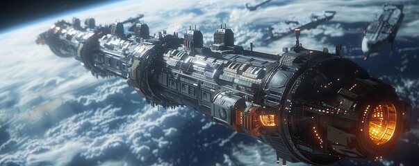 Fototapeta premium Space station orbiting Earth, Futuristic, Dark, 3D, Highlighting space living