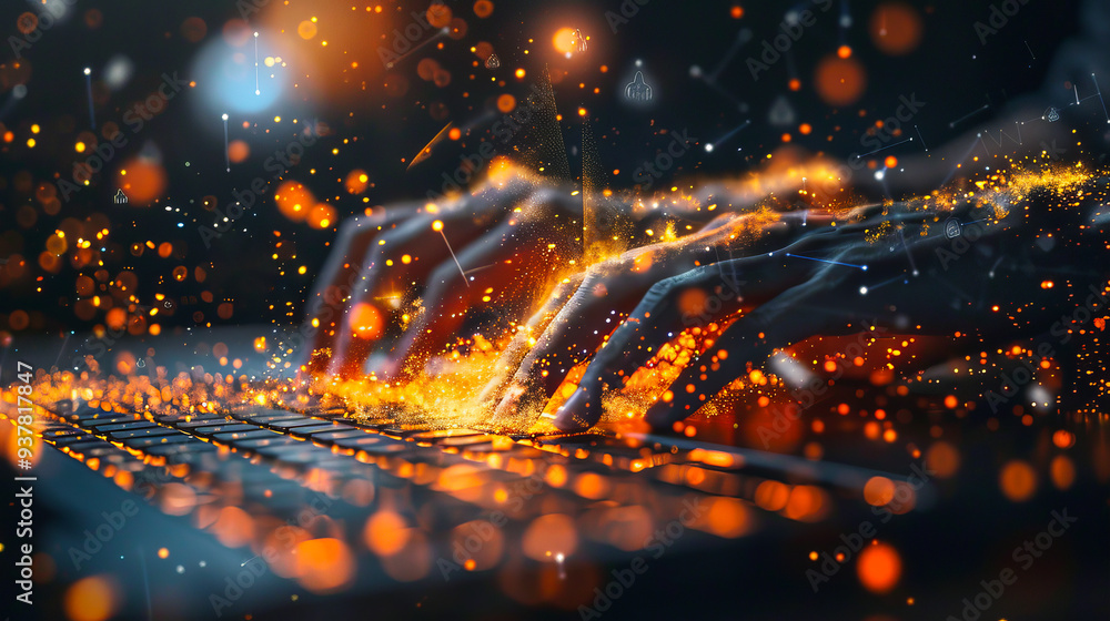 Poster close-up of hands typing on a keyboard with digital lines and vibrant yellow-orange bokeh effects