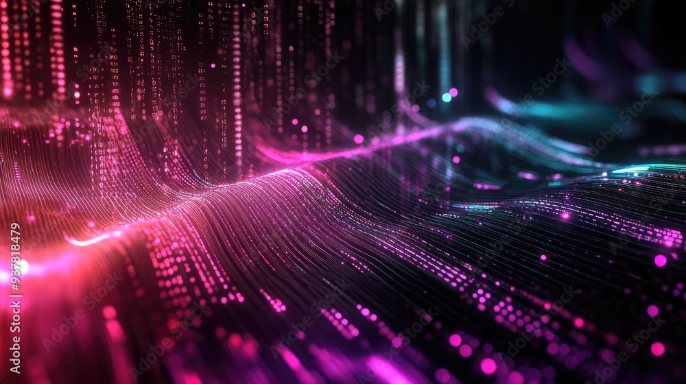 Poster abstract cyber pulse with shifting neon colors and glowing digital patterns, set against a sleek, da