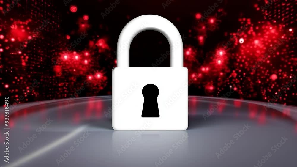 Poster white padlock centered digital background red binary code cybersecurity concept smooth technology video