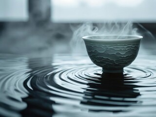 A white ceramic teacup with steam rising from it, placed on a table with a reflection of the cup in the water.