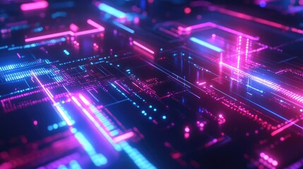 Obraz premium Abstract cyber pulse with shifting neon colors and glowing digital patterns, set against a sleek, dark canvas.