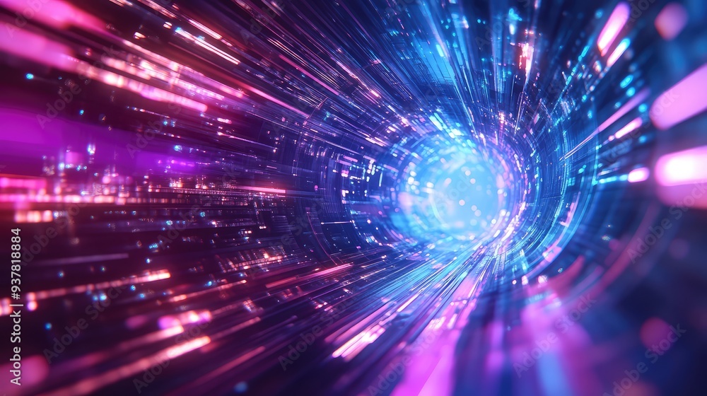 Poster a vibrant cyber pulse with dynamic light trails and electronic waves, creating a cutting-edge digita