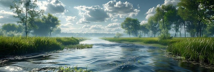 A serene river scene with lush greenery and clouds reflecting on the water.