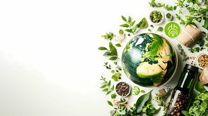 A modern flat lay of a globe surrounded by green plants, showcasing the connection between nature and sustainability.