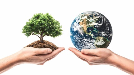 A pair of hands holding a small tree and the Earth, symbolizing environmental care and sustainability for future generations.