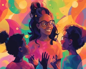 Teacher using sign language with students, Fantasy, Soft, Illustration, Highlighting communication and inclusivity
