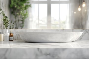Copy space above white marble bathroom counter. 3D rendering with blurred background with generative ai