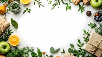 Fresh fruits, herbs, and gifts create a vibrant border around a blank space, perfect for creative projects and seasonal themes.