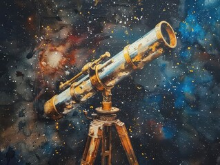 Naklejka premium Telescope capturing a galaxy, Vintage, Dark, Watercolor, Emphasizing cosmic beauty