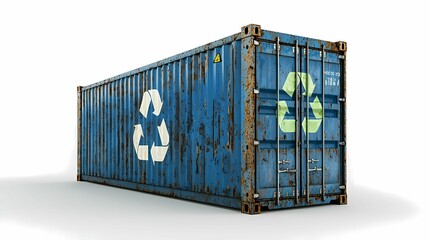 Weathered blue shipping container with recycling symbols, emphasizing sustainability and eco-friendly practices.