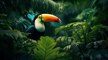 Keel billed Toucan, bird with big bill sitting on the branch in the forest. Neural network ai generated art