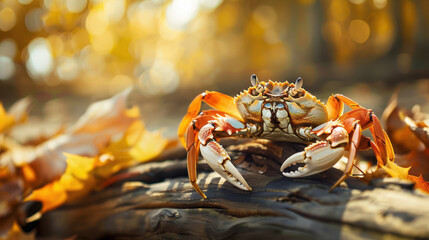 A close-up of a crab resting on a piece of driftwood, surrounded by fallen autumn leaves