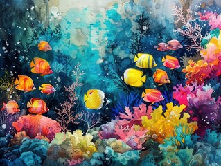 Underwater coral reef with vibrant fish, Fantasy, Vibrant, Watercolor, Emphasizing marine biodiversity and color
