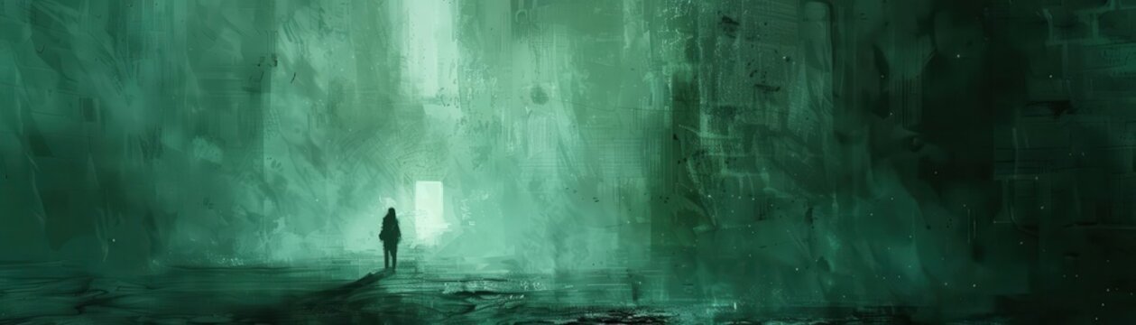 Urban explorer in a deserted building, Fantasy, Dark, Watercolor, Emphasizing mystery