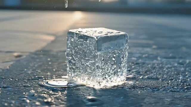 Large ice cube is slowly melting on a wet surface, with water droplets clinging to its sides and the warm sunlight reflecting on its surface