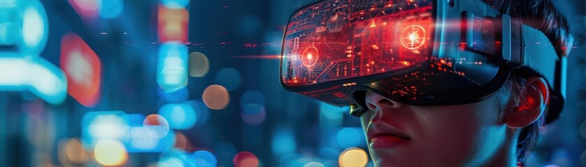 User with VR headset in a digital world, Cyberpunk, Dark, 3D, Highlighting immersive technology