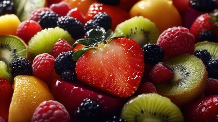 Obraz premium A vibrant assortment of fresh fruits, showcasing strawberries, berries, kiwis, and more, perfect for health and nutrition themes.