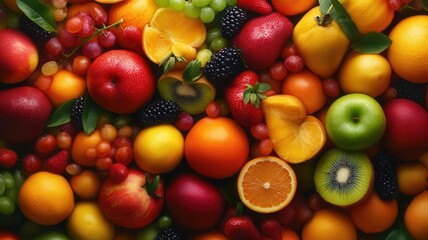 A vibrant assortment of fresh fruits, including apples, oranges, grapes, and berries, ideal for health and wellness themes.