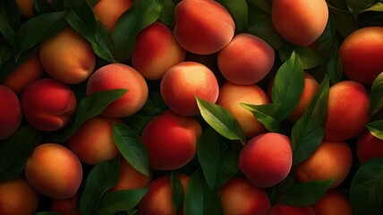 A vibrant array of fresh peaches nestled among green leaves, showcasing their rich color and natural beauty.