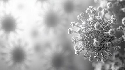 Close-up of an extremely detailed grayscale representation of the SARS-CoV-2 virus, surrounded by blurred natural elements. The background is softly out of focus