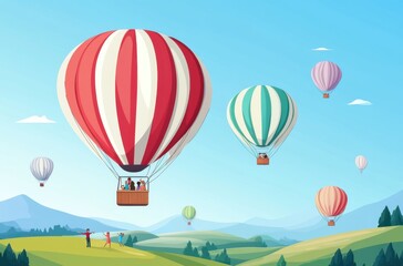 Obraz premium A group of hot air balloons floating in the sky with people sitting inside each balloon enjoying their journey over the green hills below. The balloons have different colors such as red, white, blue