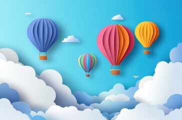 Fototapeta premium Colorful hot air balloons flying in the sky with a paper cut-style cloud background, vector illustration. pastel color palette, flat style