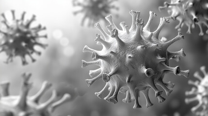 Close-up of an extremely detailed grayscale representation virus, surrounded by blurred natural elements. The background is softly out of focus