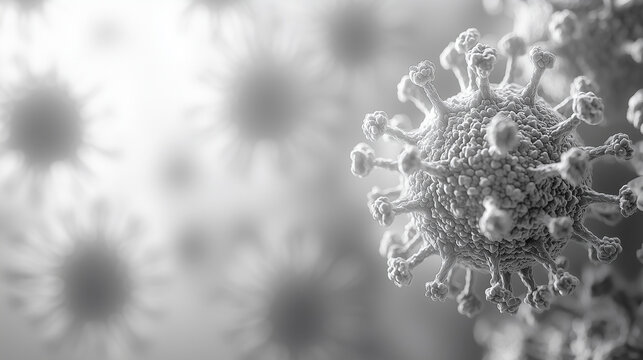 Close-up of an extremely detailed grayscale representation of the SARS-CoV-2 virus, surrounded by blurred natural elements. The background is softly out of focus