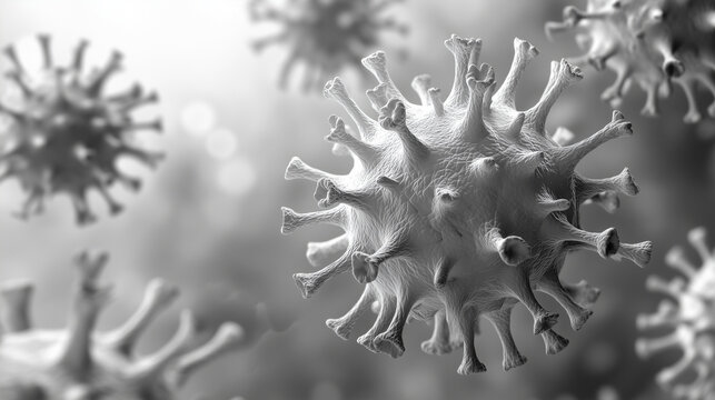 Close-up of an extremely detailed grayscale representation virus, surrounded by blurred natural elements. The background is softly out of focus