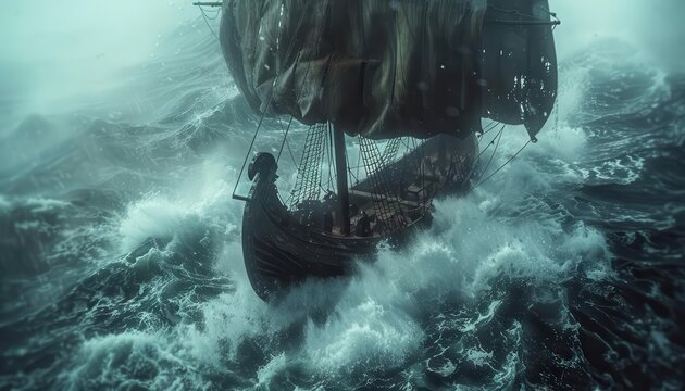Viking longship on turbulent ocean, Steampunk, Dark, 3D, Highlighting historical seafaring