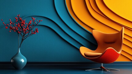 A modern interior featuring vibrant colors, a stylish chair, and decorative vase with flowers, creating a lively atmosphere.