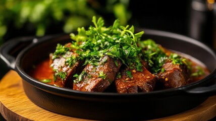 Fototapeta premium Deliciously cooked meat dish garnished with fresh herbs, served in a sleek black pot, perfect for food lovers and culinary enthusiasts.
