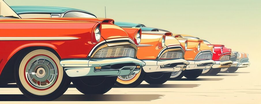 Fototapeta Vintage car show with classic automobiles, Vintage, Warm, Illustration, Highlighting retro charm and style