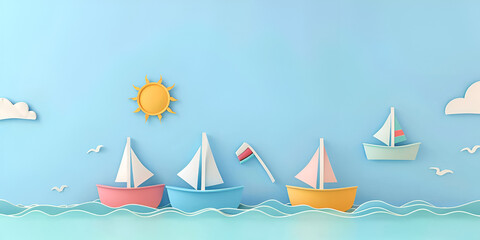 Fototapeta premium Colorful Paper Boats Sailing on Blue Waves with Sun and Clouds