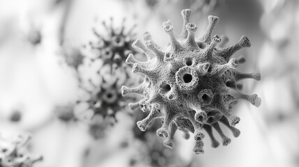 Close-up of an extremely detailed grayscale representation of the SARS-CoV-2 virus, surrounded by blurred natural elements. The background is softly out of focus